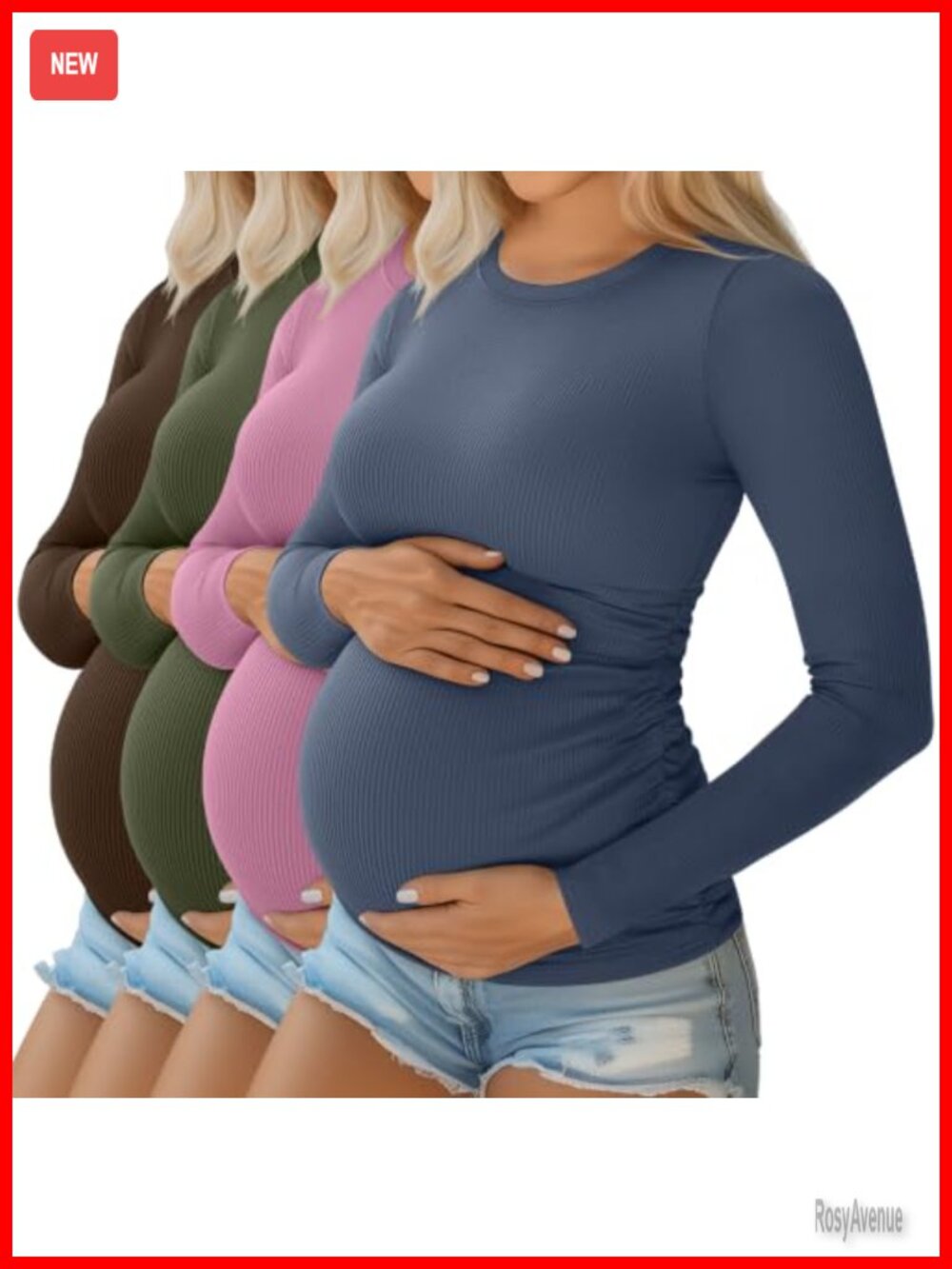 4 Pack Maternity Long Sleeve Ribbed Cotton T-Shirts Slim Fit Pregnancy Tops